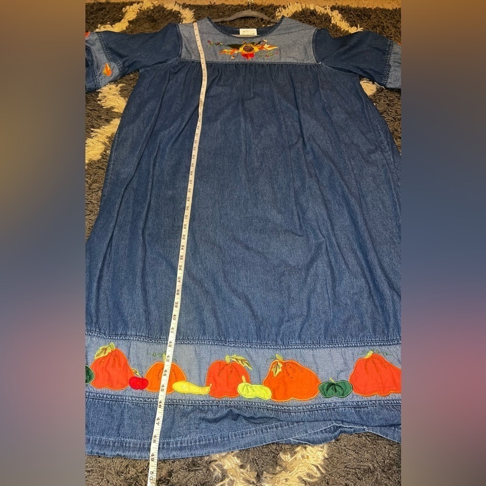 Vintage 1980s Fall Quacker Factory Embroidered Denim Relaxed Dress - Picture 9 of 10